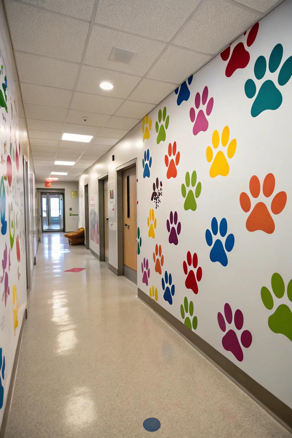 Vibrant paw print decals brightening a hallway.