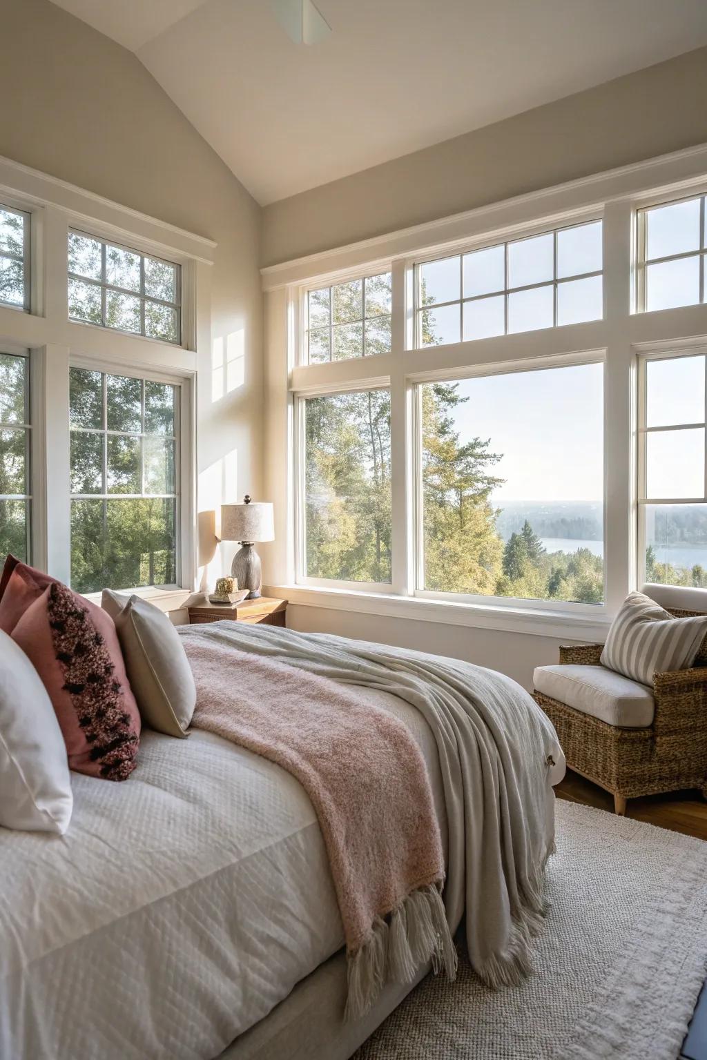A bedroom showcases large windows that allow sunlight to brighten the area.