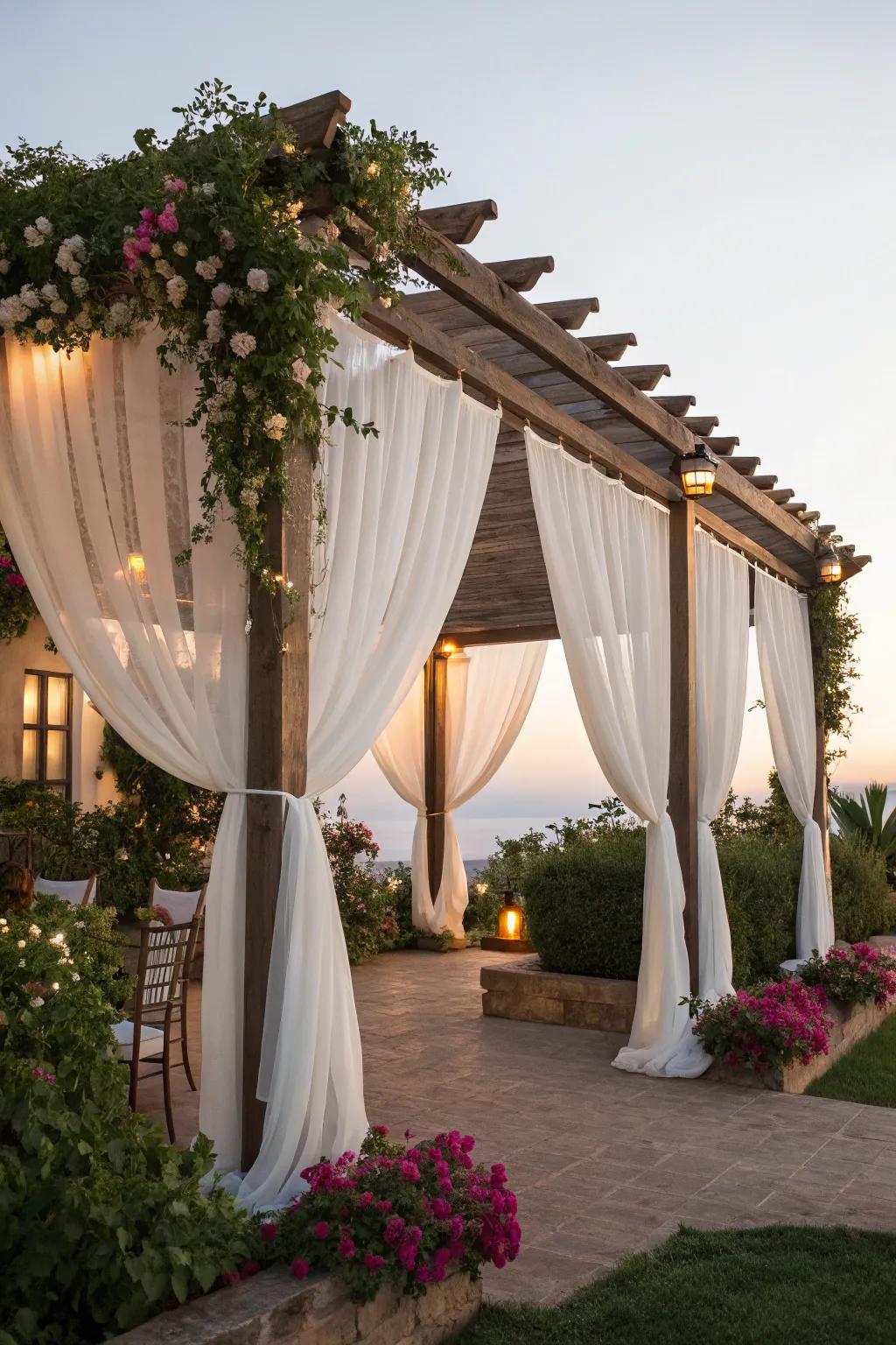 Rippling drapes bring sophistication and seclusion to your pergola area.
