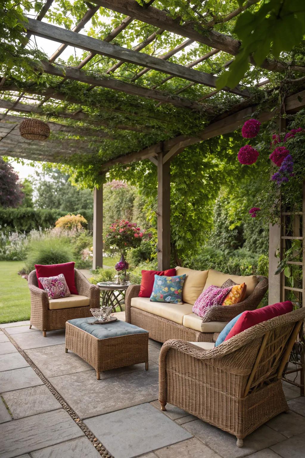 Cozy seating transforms your pergola into a welcoming relaxation zone.