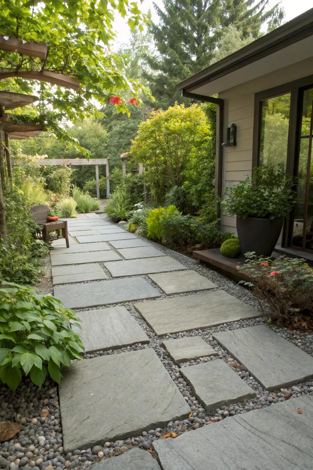 Stone tiles and gravel produce a harmonious combination of nature and usefulness.