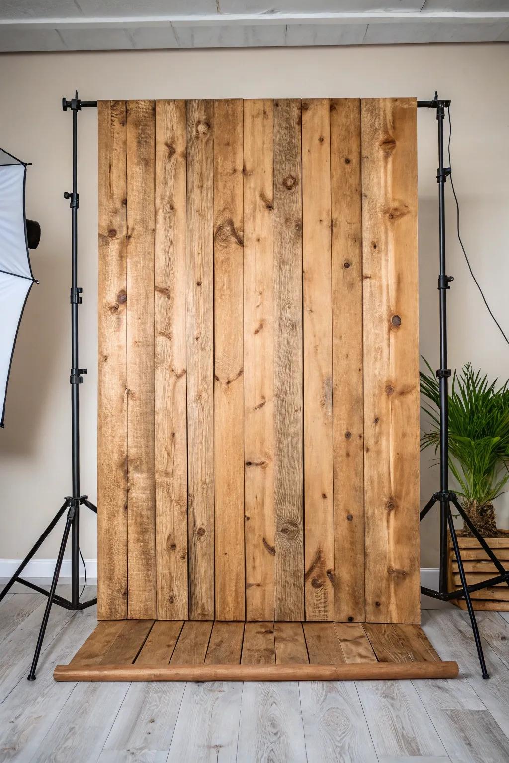 Rustic wood panels create a welcoming, cozy photography setting.