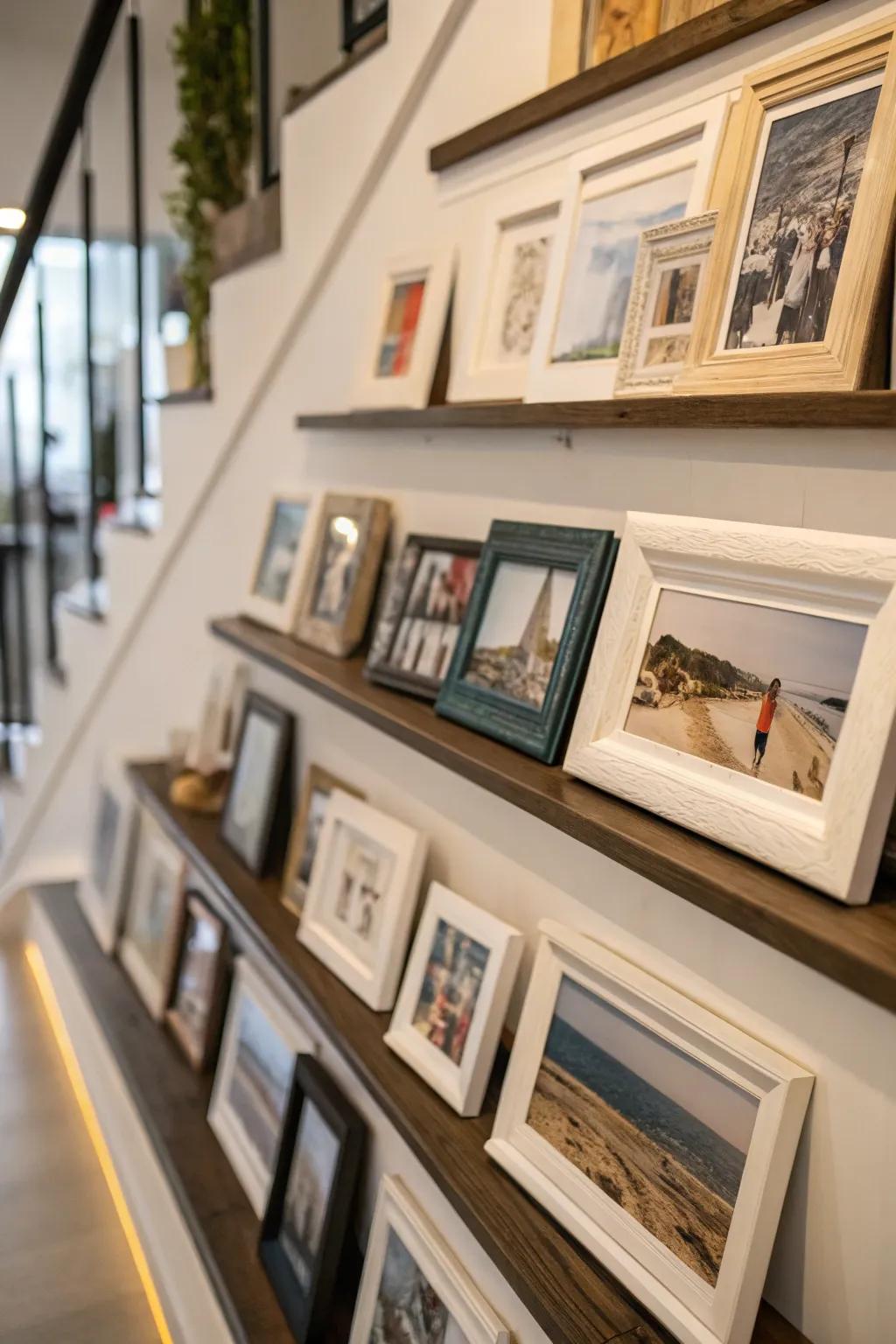 Layered frames on a display ledge add dimension and visual interest.