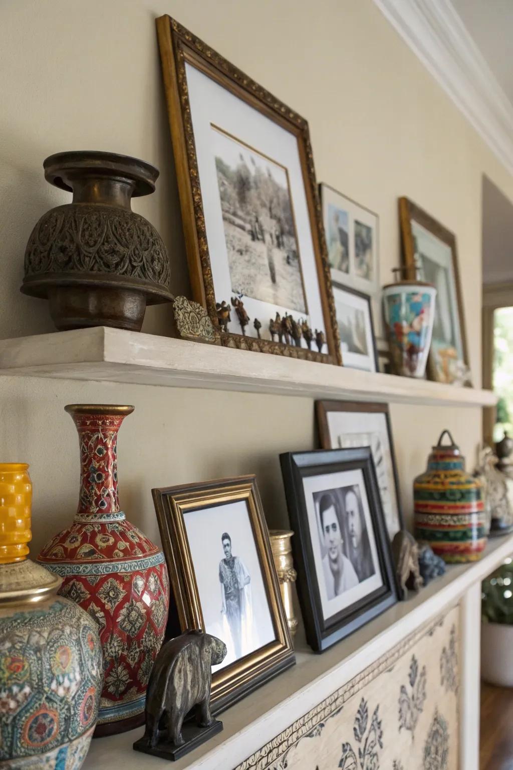 Integrate art with design accents for a fun and vibrant shelf.