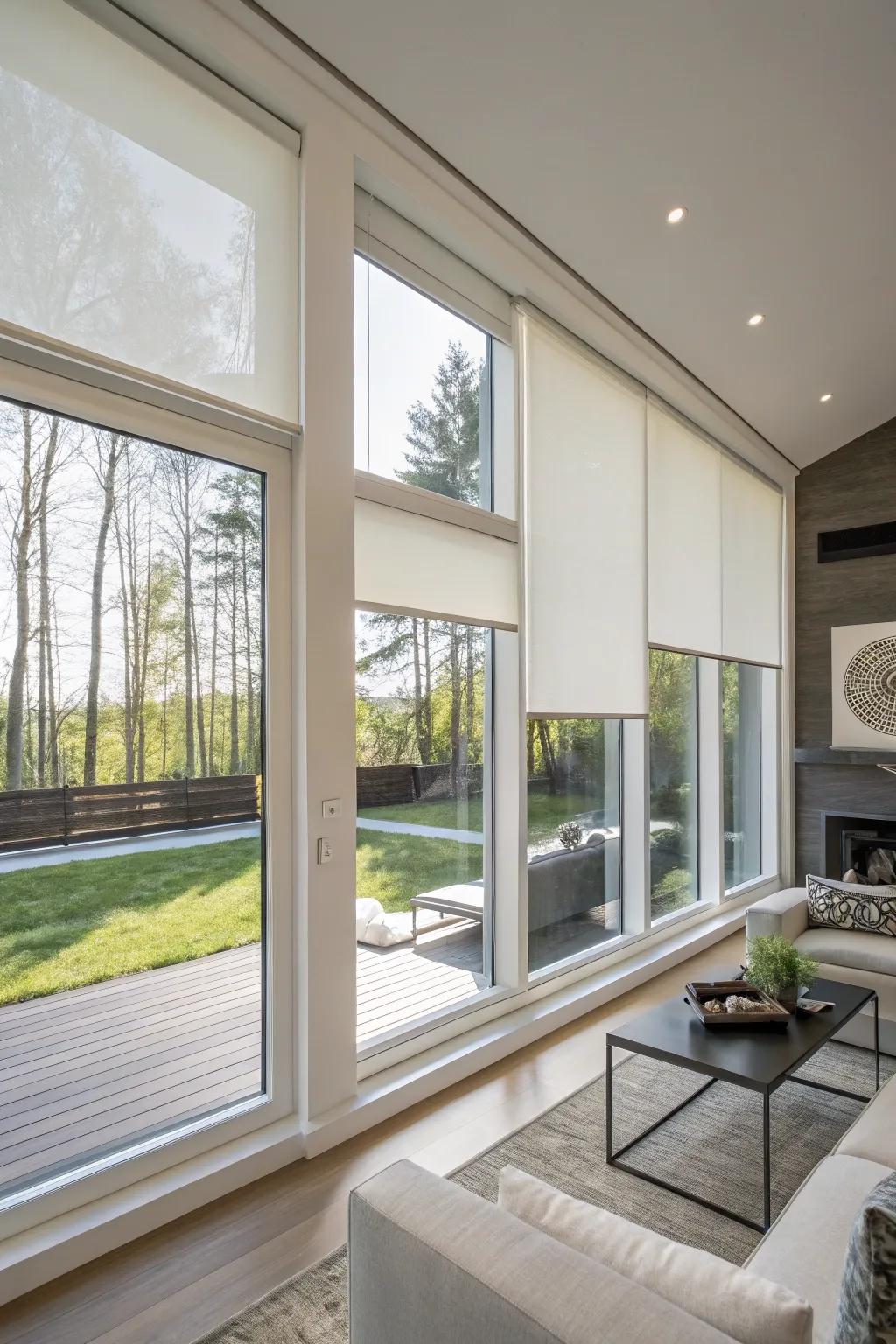 Modern bay window featuring simplistic roller coverings for a neat design.