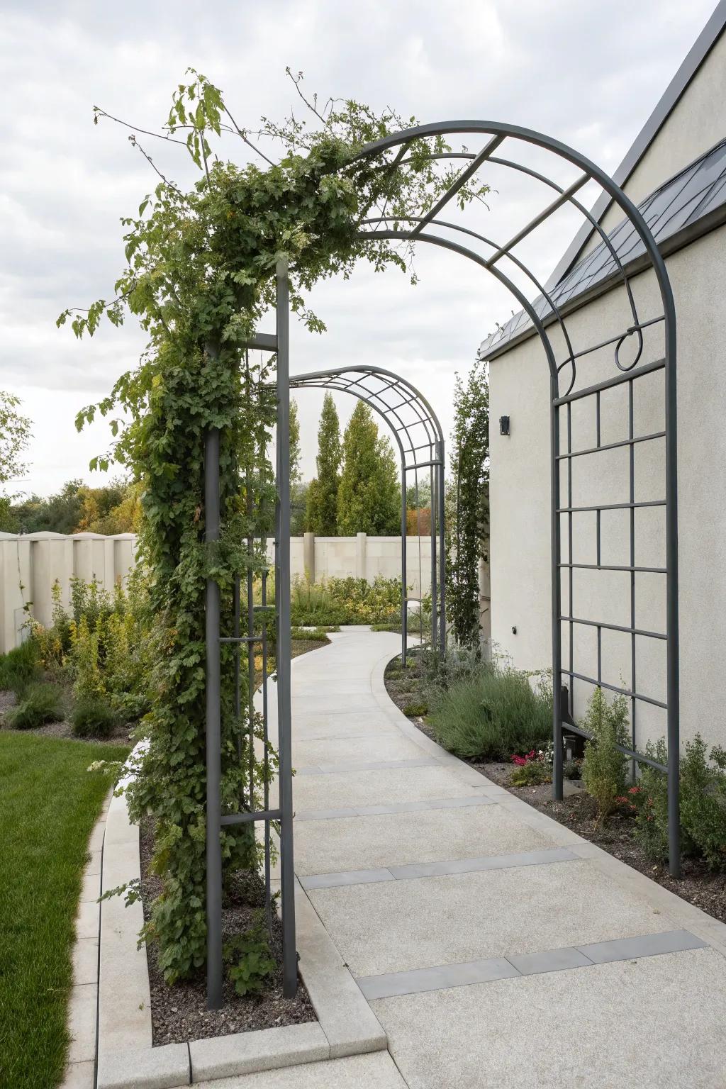 A modern metal arbor brings a chic edge to your garden.