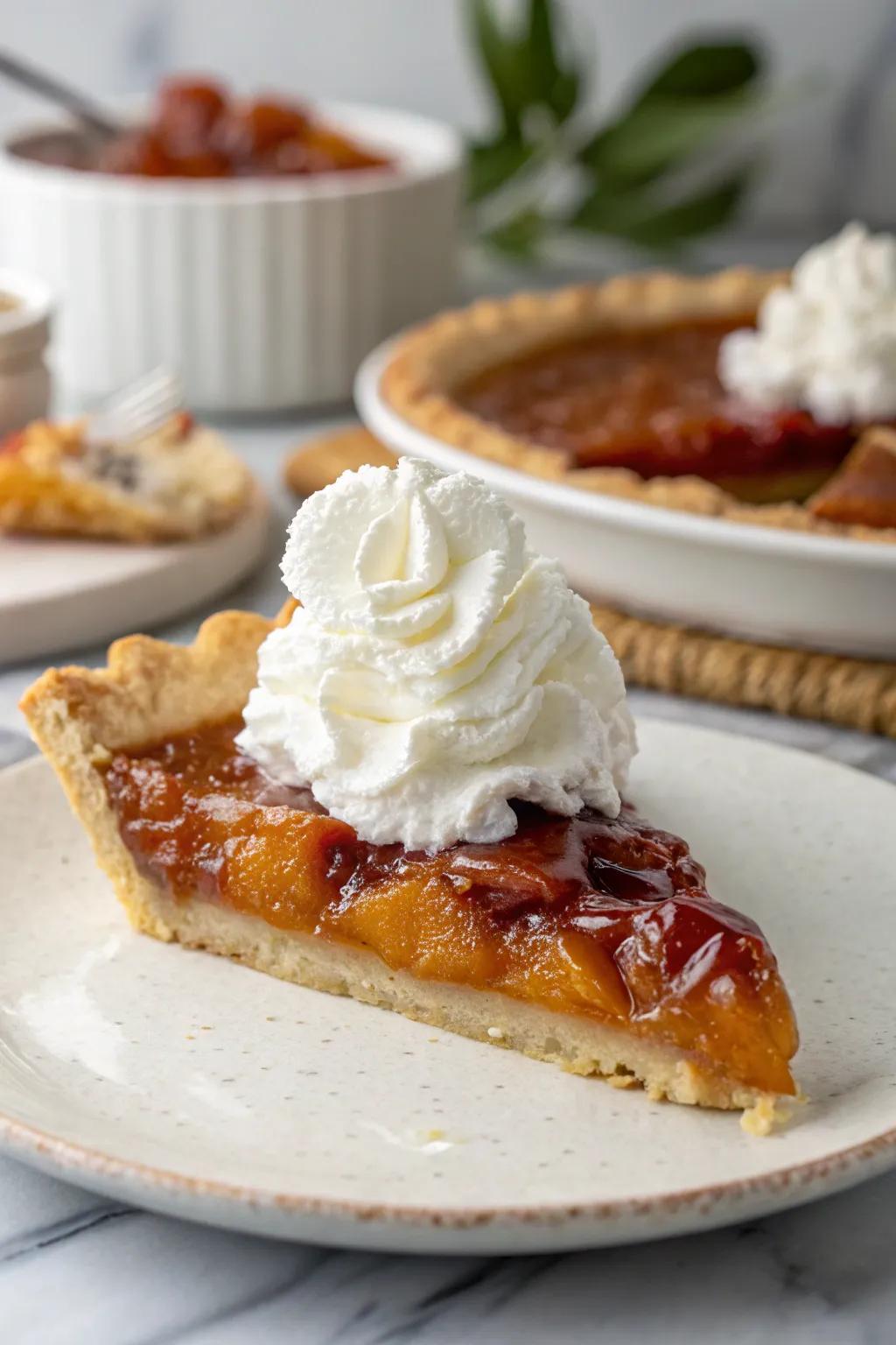 A slice of pie elegantly crowned with whipped cream.