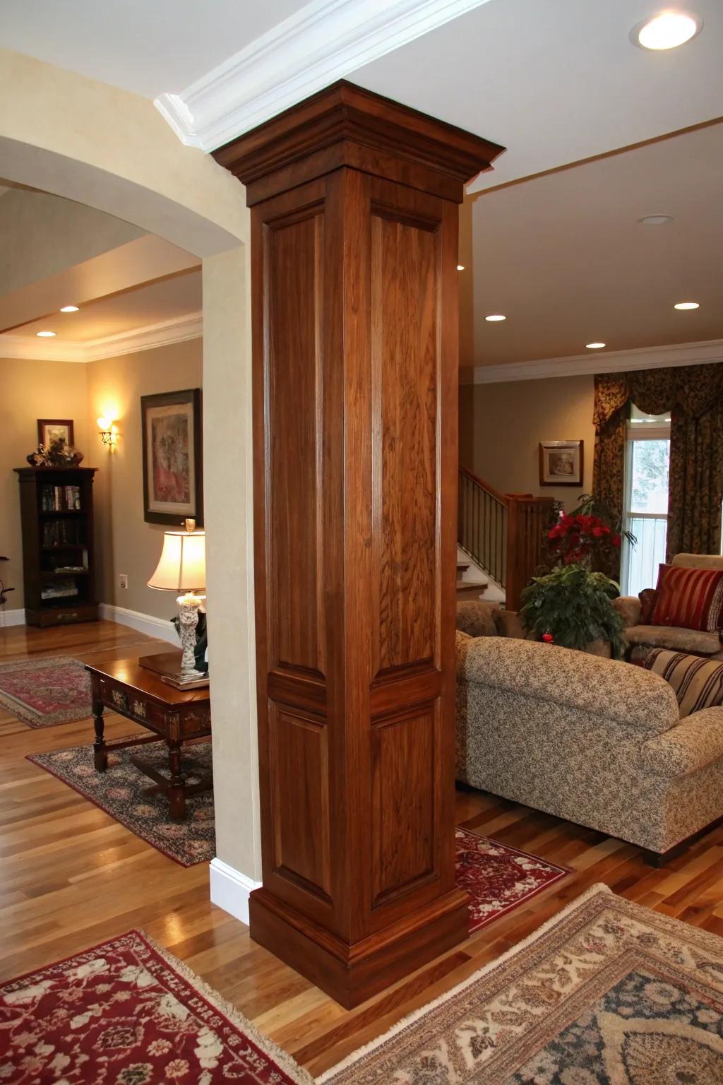 Wood cladding offers a cozy and natural feeling for interior columns.
