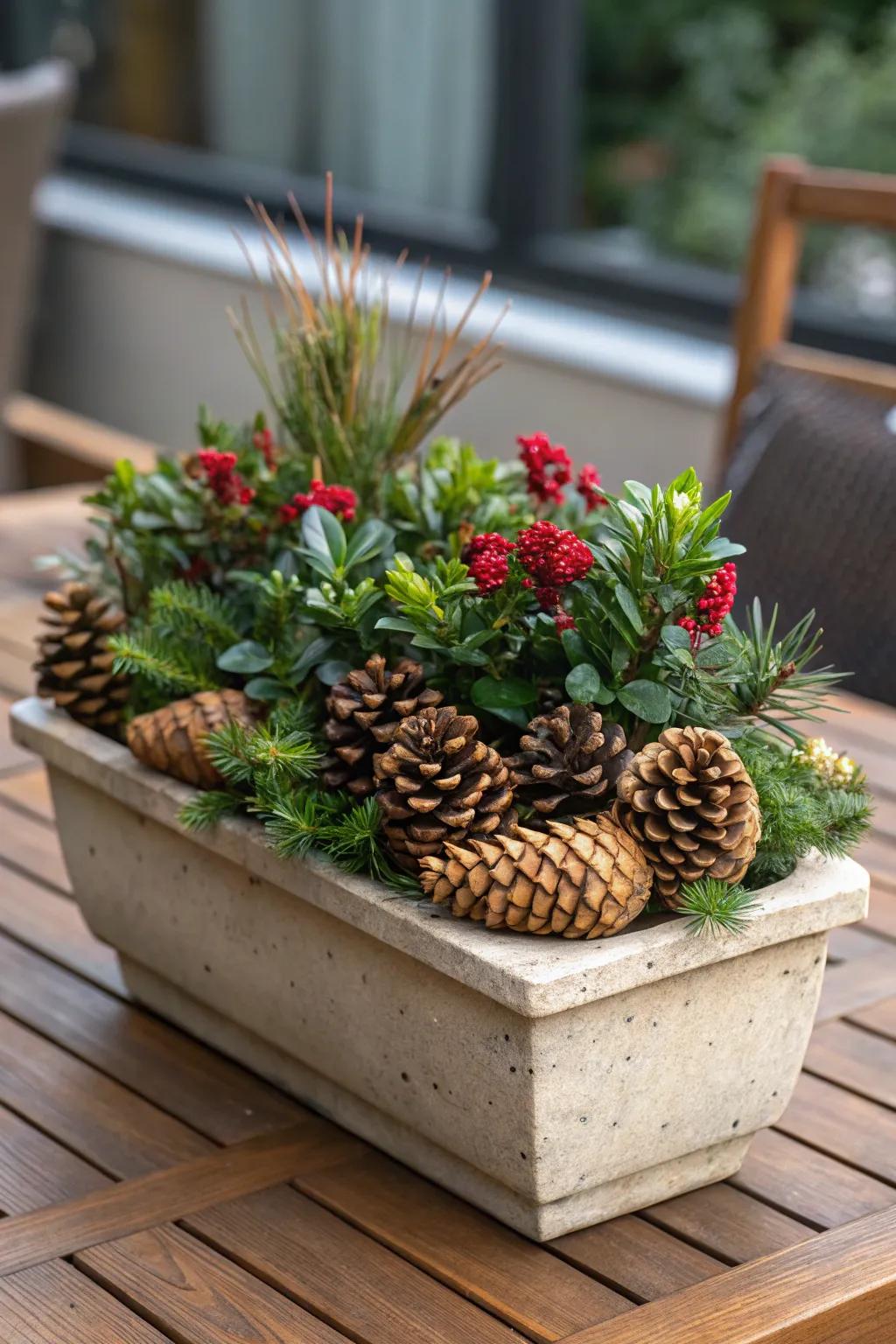 Pinecones enhance planters with visual interest and practical benefits.