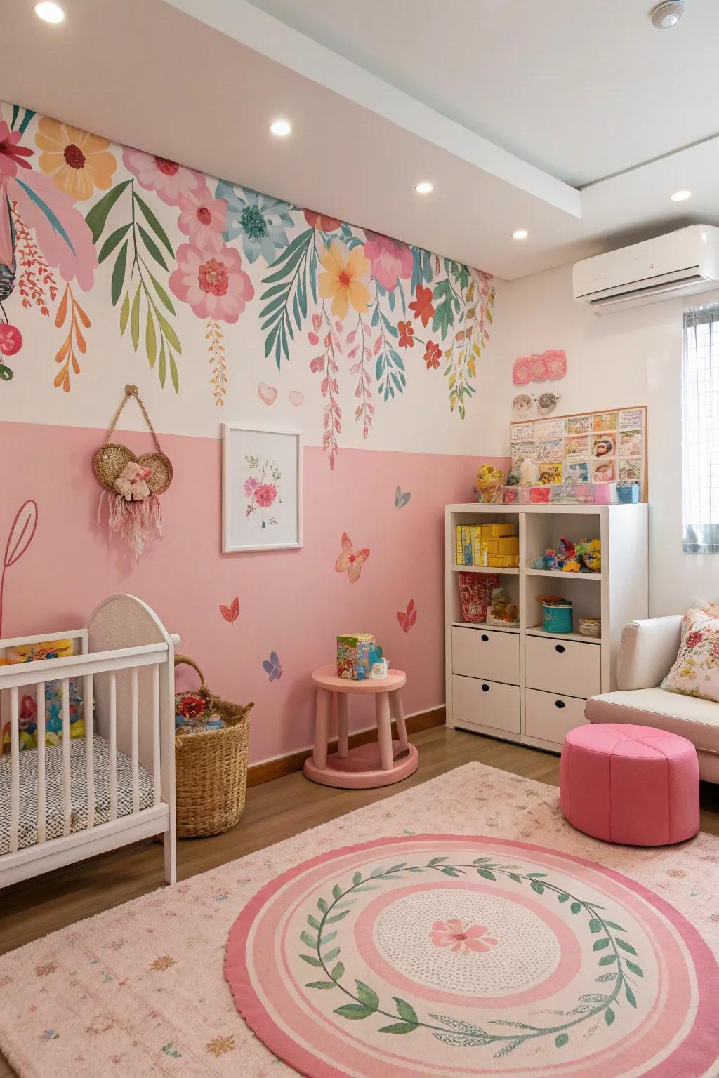 An adorable nursery enhanced with a pink floral accent wall that radiates charm.