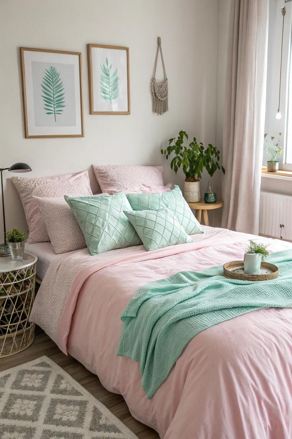 Soft rose and verdant shades combine to craft a harmonious and peaceful sleeping space.