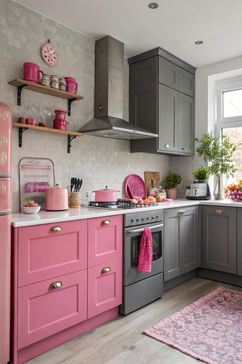 Dramatic, intense pink touches set off by a grey kitchen.