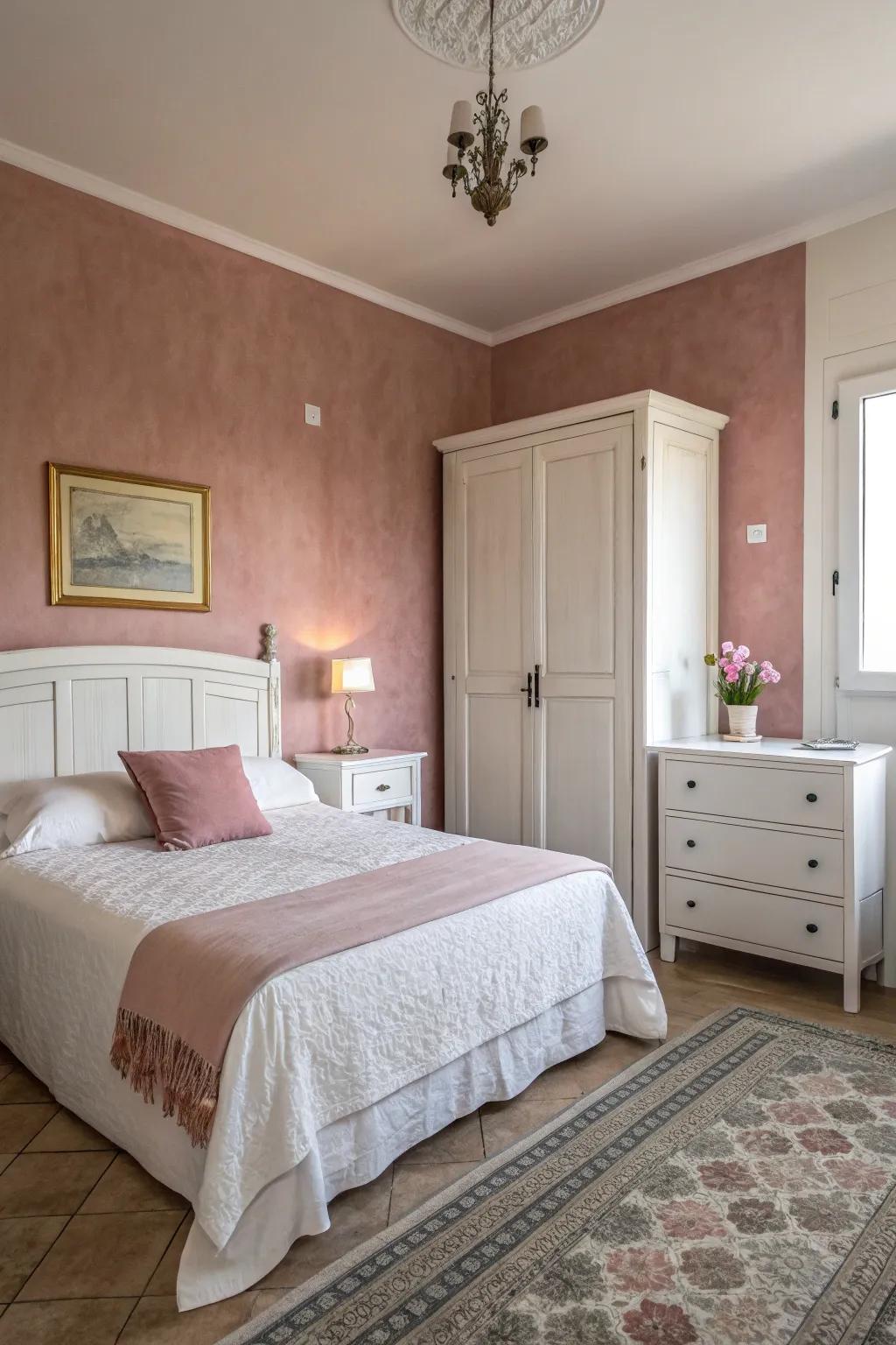 Light rose walls matched with white furniture deliver a serene escape.