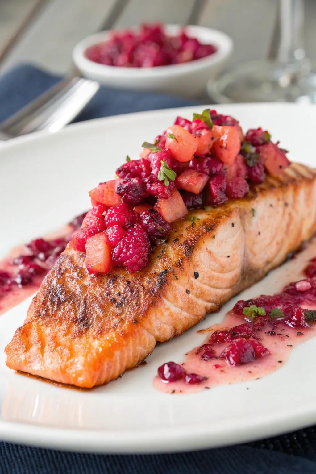 Sockeye with crimson berry topping brings a gourmet touch to your dinner.