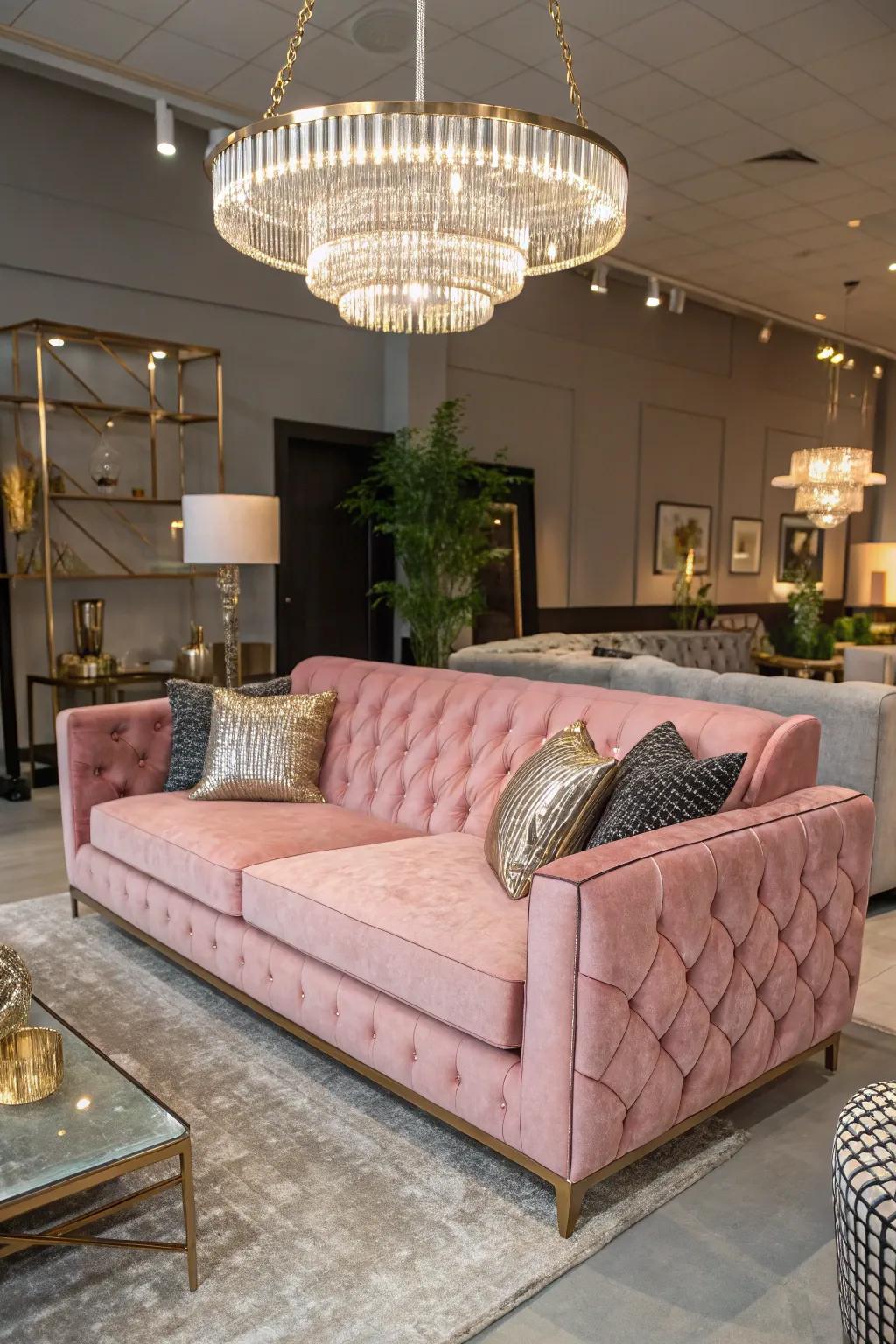 A rose plush couch injects an element of grandeur and refinement.
