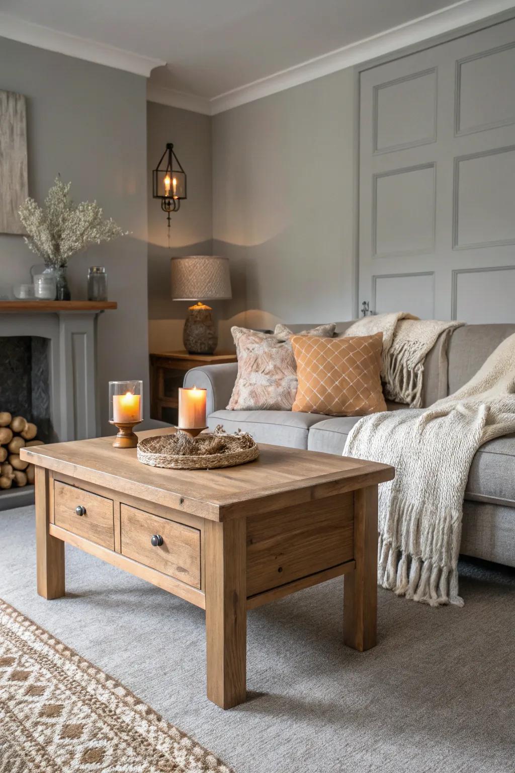 Wood details introduce warmth to grey backgrounds.