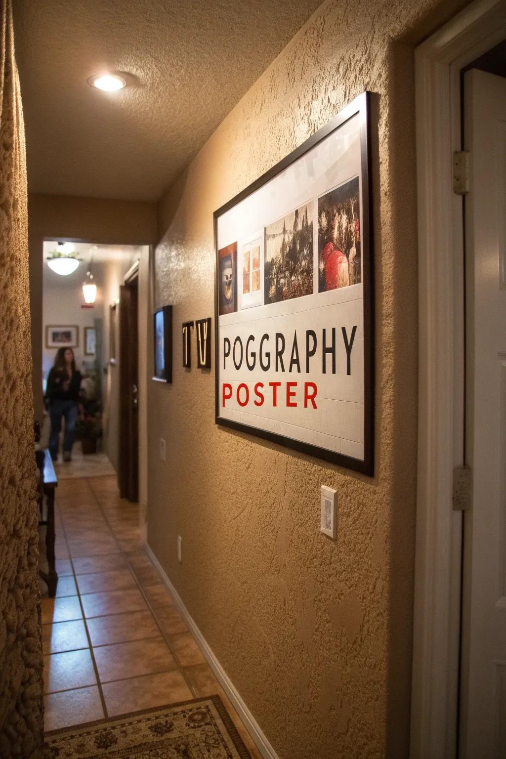 A typography print employing strong typefaces to generate an artistic declaration in a welcoming corridor.