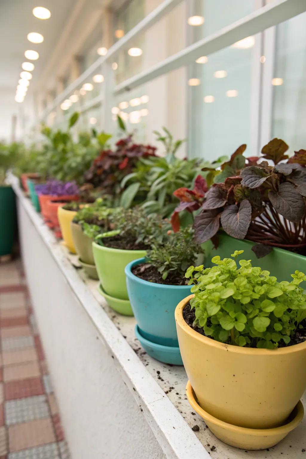 The plant ledge is livened up with colorful ceramic planters.