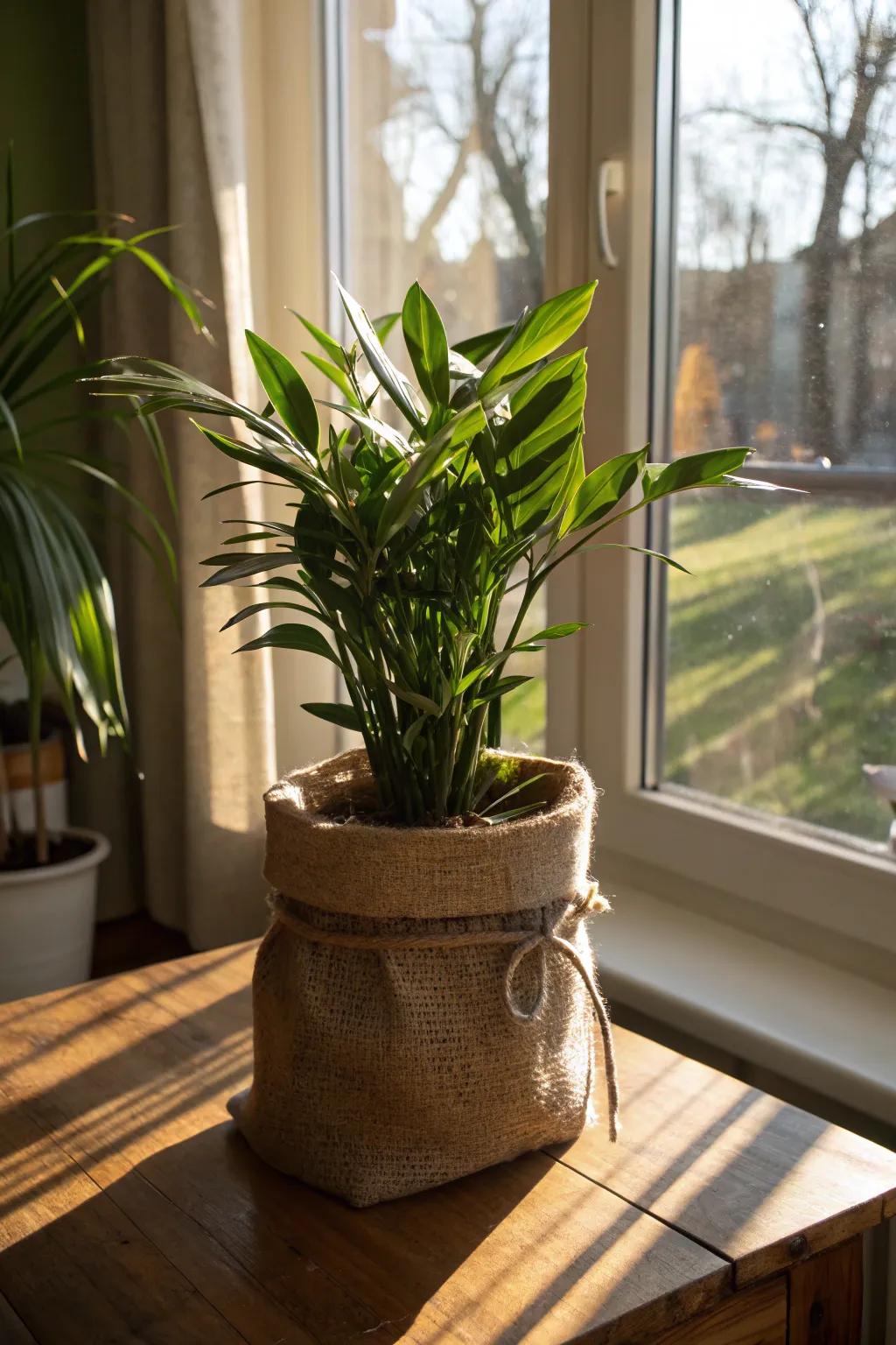 Hessian wraps introduce a natural charm to indoor plants.