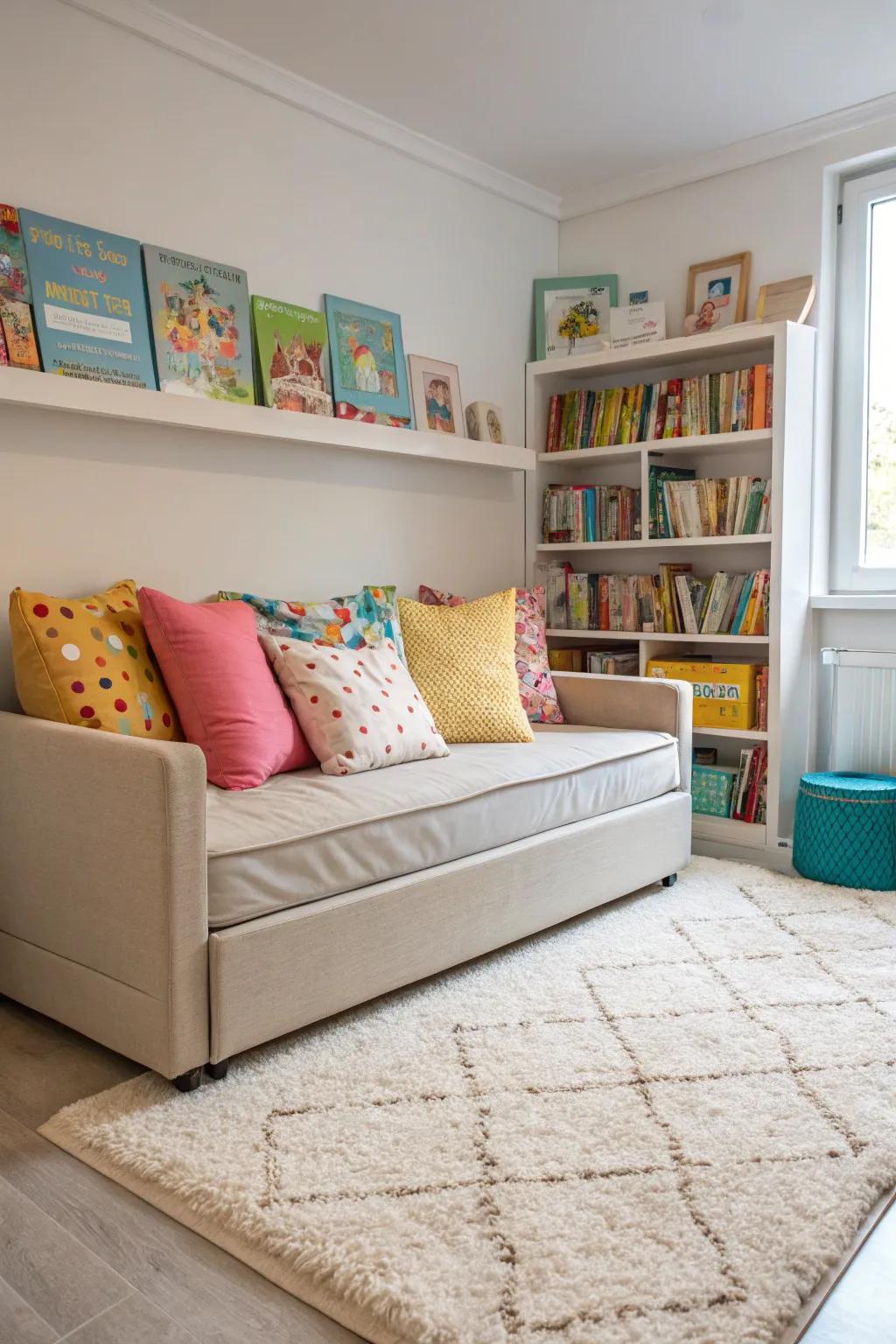 A flexible playroom equipped with a multi-purpose sofa bed for downtime.