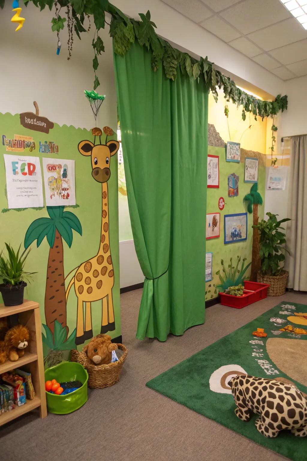 Theme-coordinated curtains complete the jungle look.