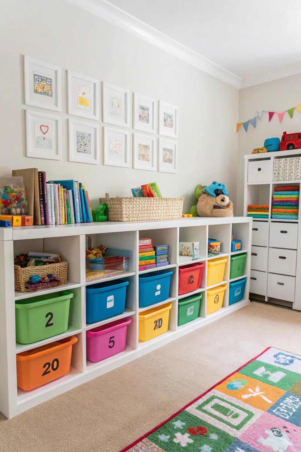 A playroom featuring cubbies and vivid containers, simplifying toy organization.