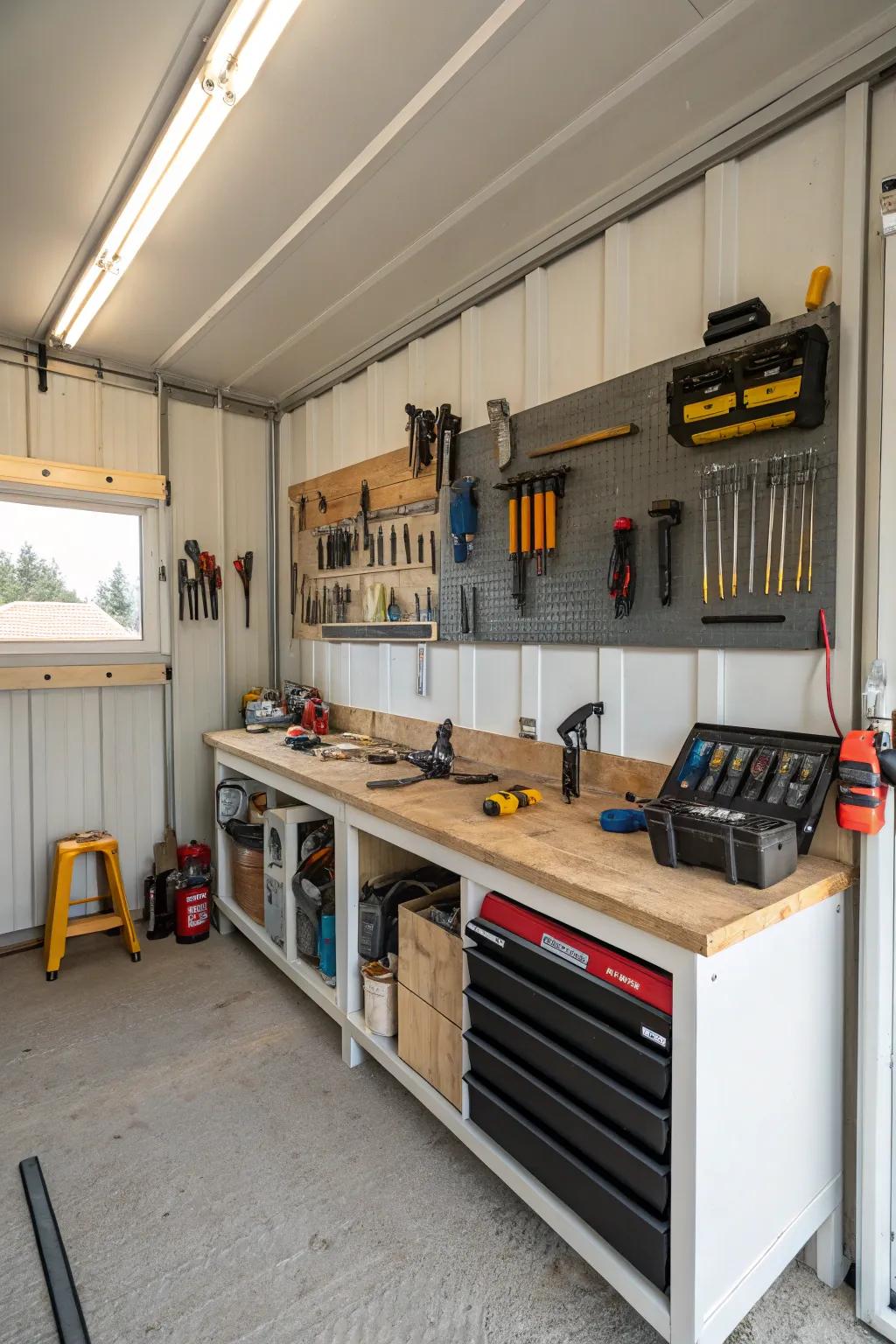 A structured workshop in a pole barn with carefully arranged equipment.