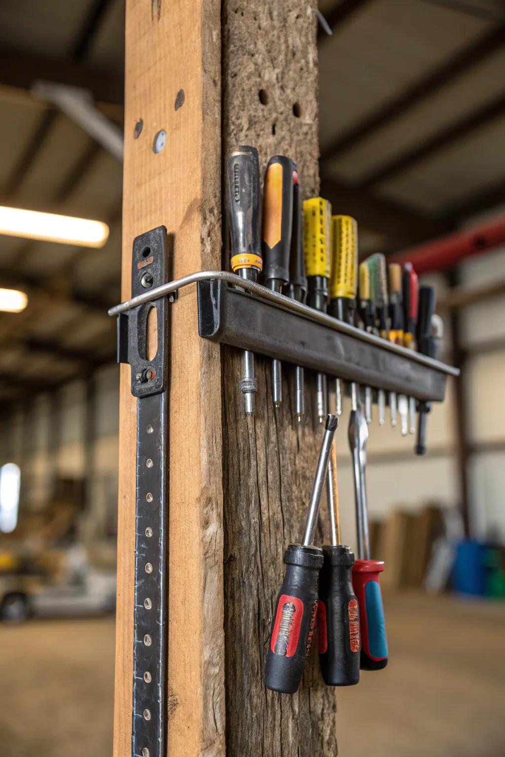 A magnetic strip makes tool storage straightforward and within reach.