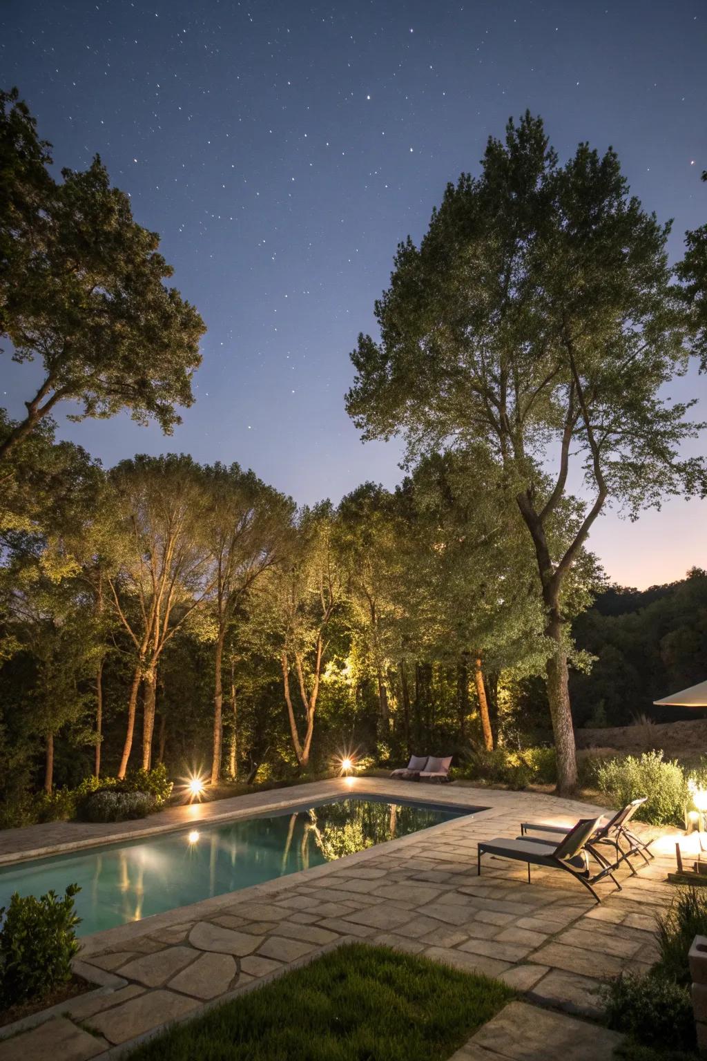 Forge a serene ambiance by using uplighting on the surrounding trees.