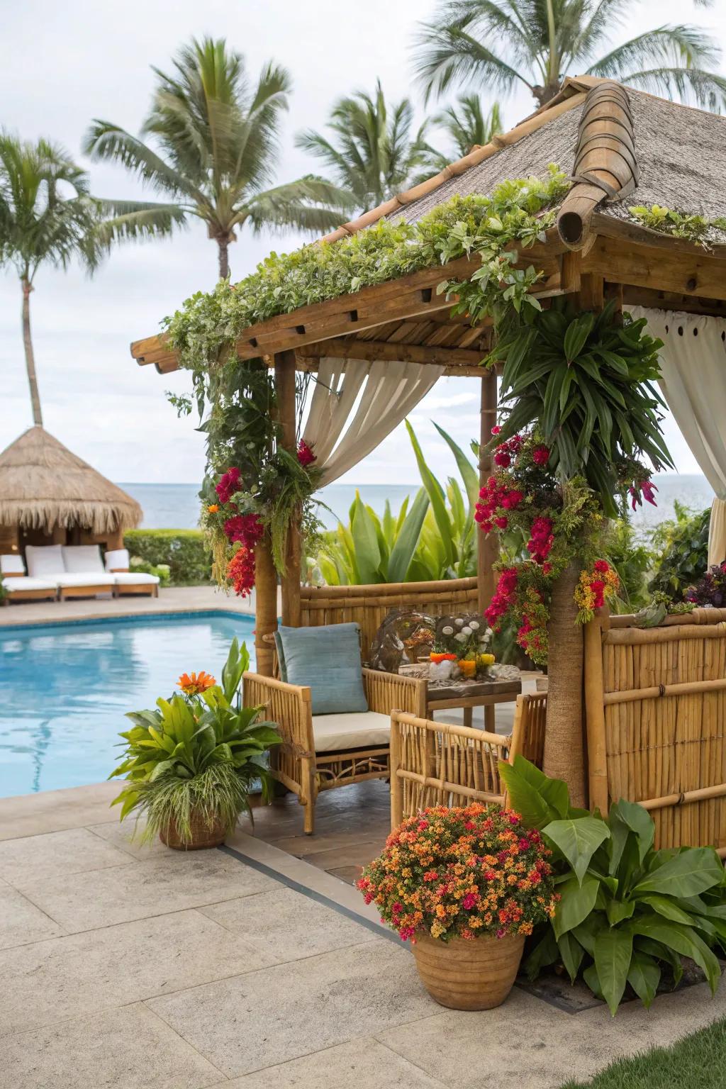 A tropical-inspired cabana encompassed by exuberant foliage.
