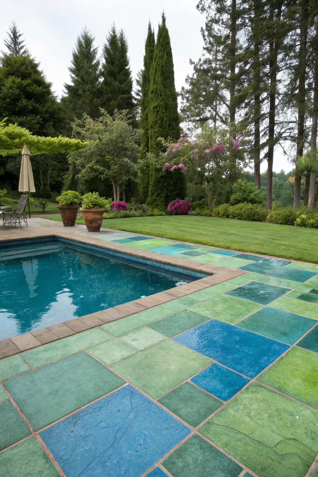 Colored concrete adds an energetic feel to the poolside atmosphere.