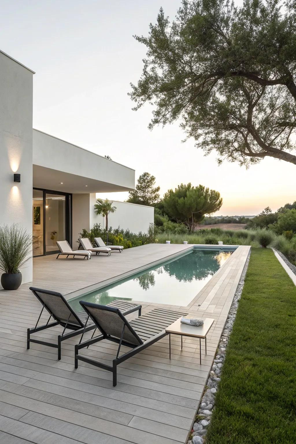 Create a sophisticated atmosphere with minimalist pool decking.