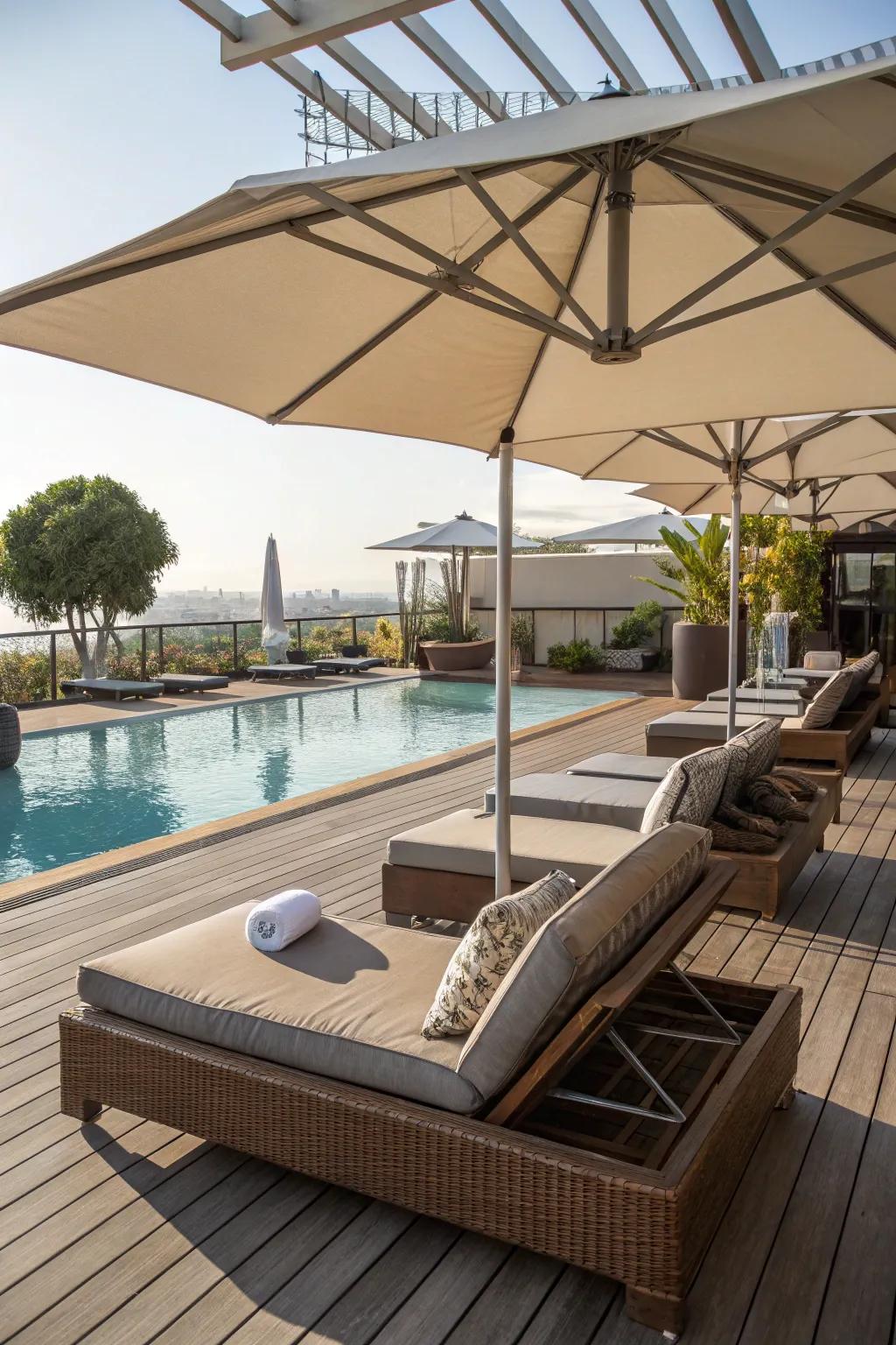 Craft a serene lounge area conducive to utmost relaxation by the poolside.