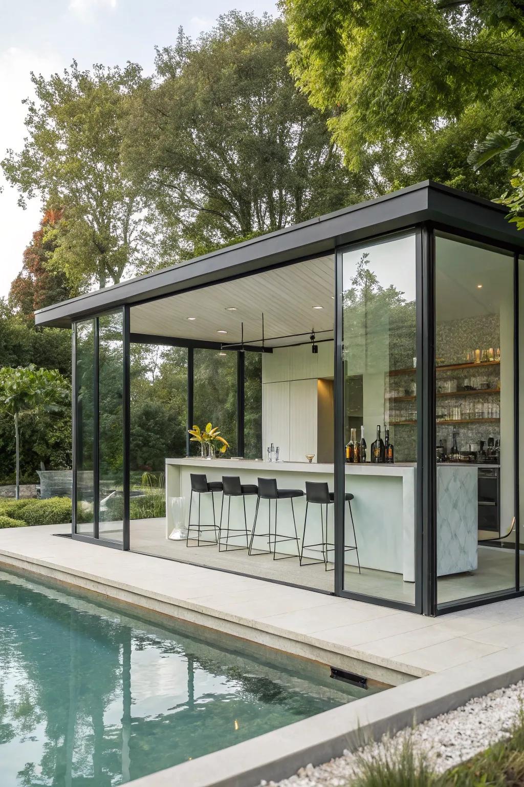 A contemporary glass structure pool house makes a striking statement.
