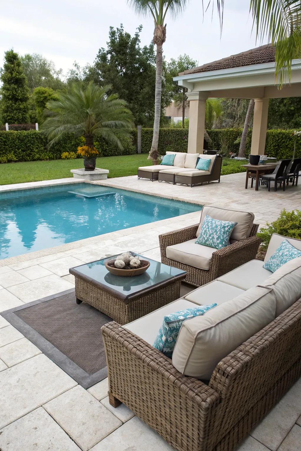 An inviting poolside lounge showcasing comfortable seating arrangements.