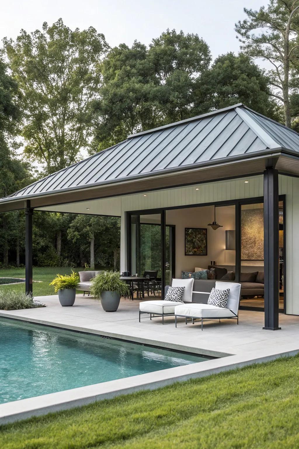 Modern pavilions featuring metal roofing introduce a contemporary flair to any poolside setting.