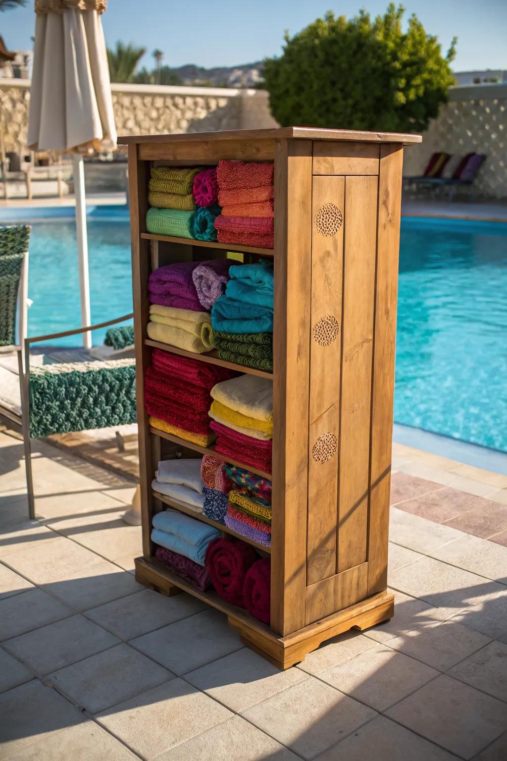 Chic standalone cabinet providing convenient towel access.