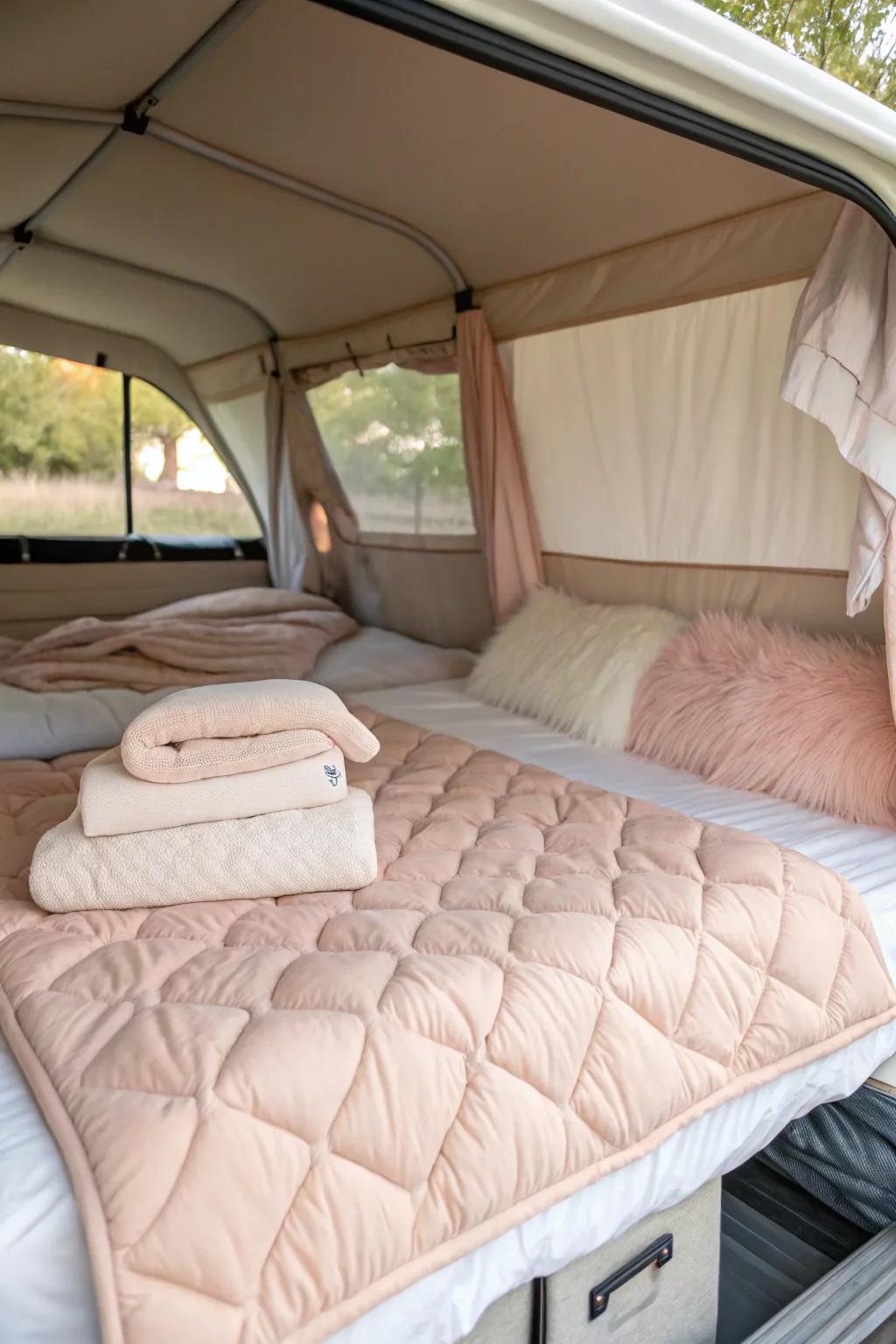Layered bedding turns your camper's sleep area into a cozy refuge.