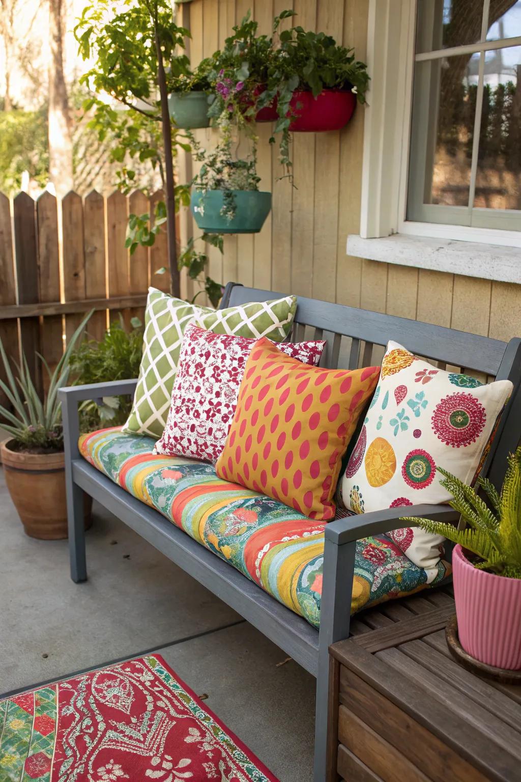 Bright cushions breathe vitality into a straightforward porch bench.