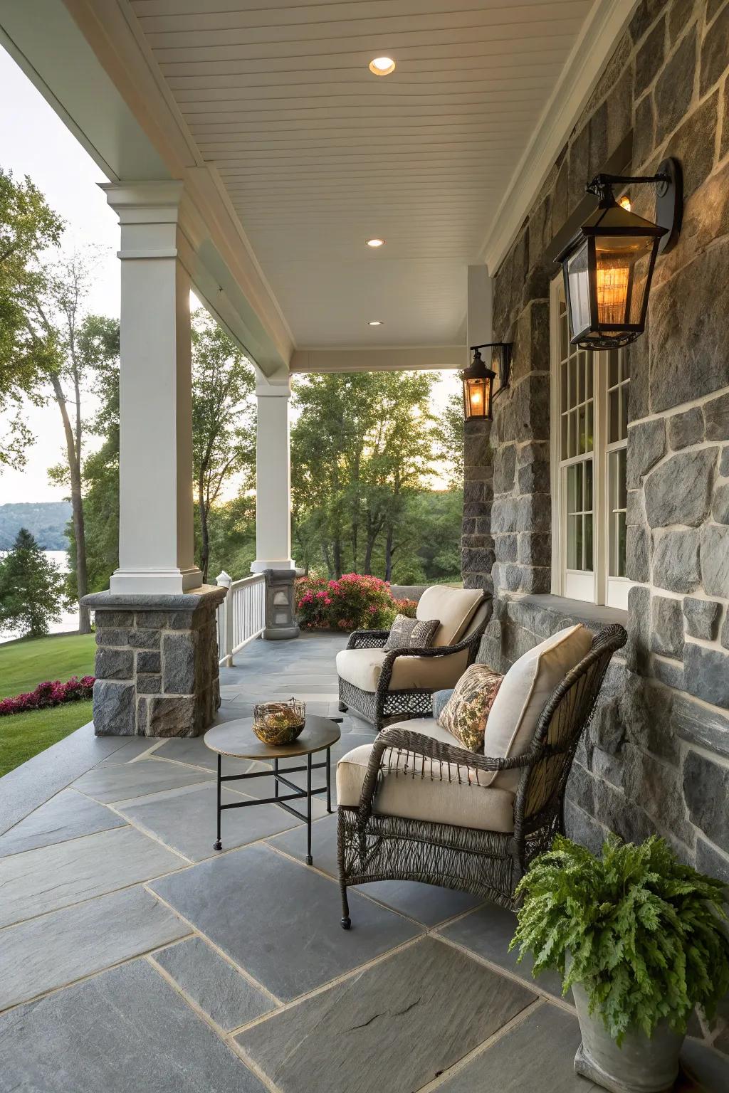 A graceful granite knee wall enriching a porch's charm.