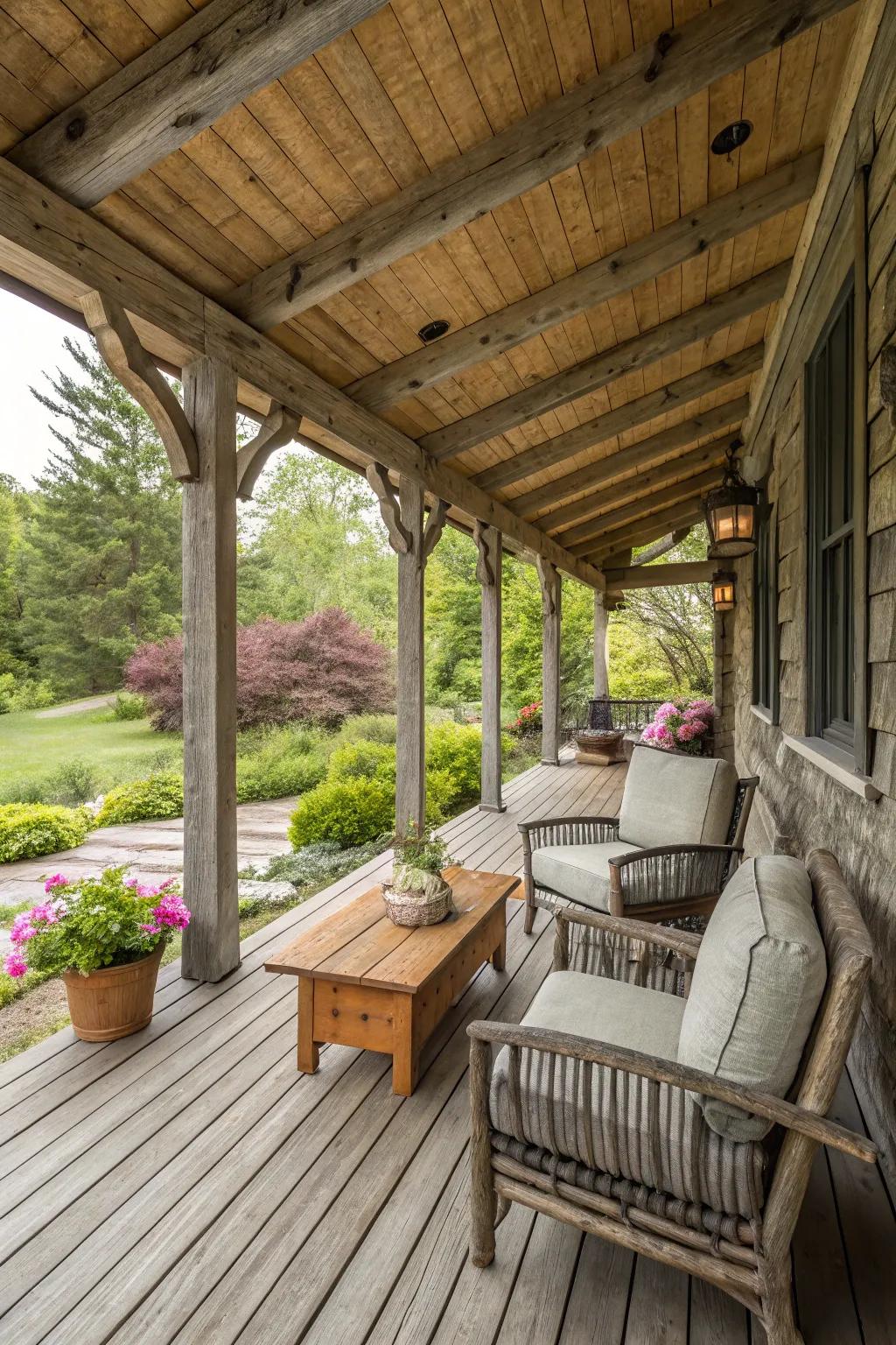 Celebrate nature with a wooden porch construction.