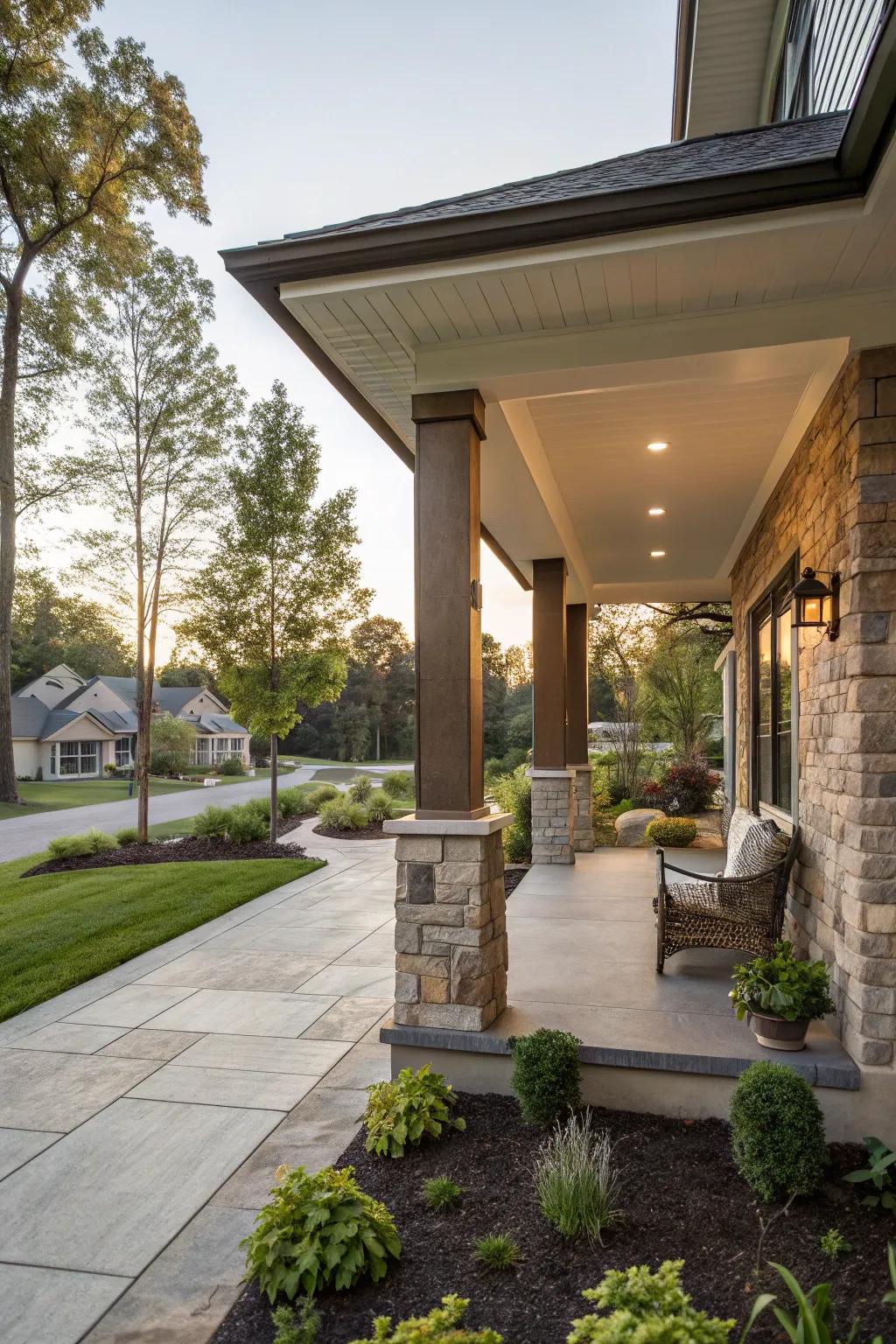 A hip roof gives porch design a contemporary touch.