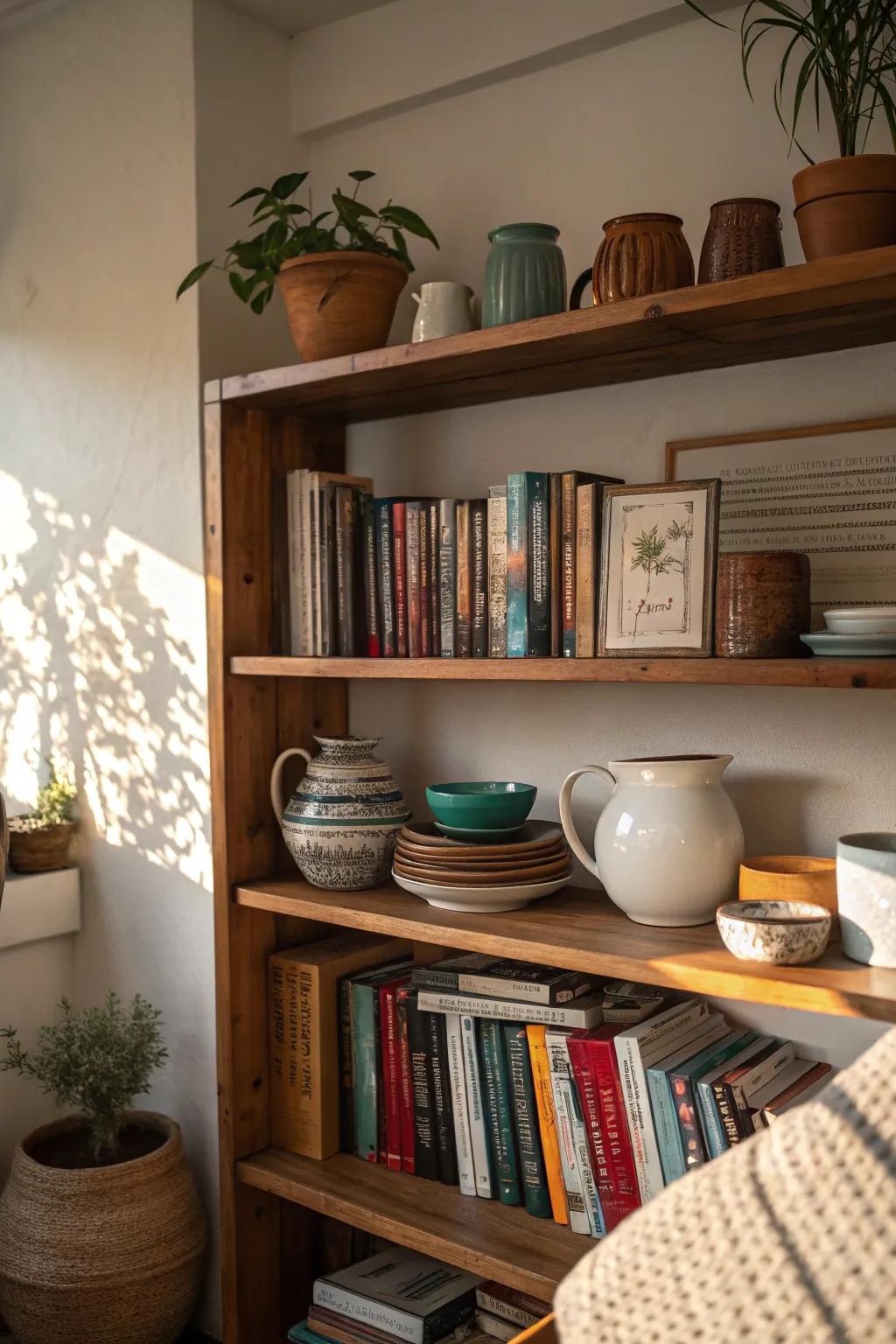 A welcoming reading corner featuring pottery and books.