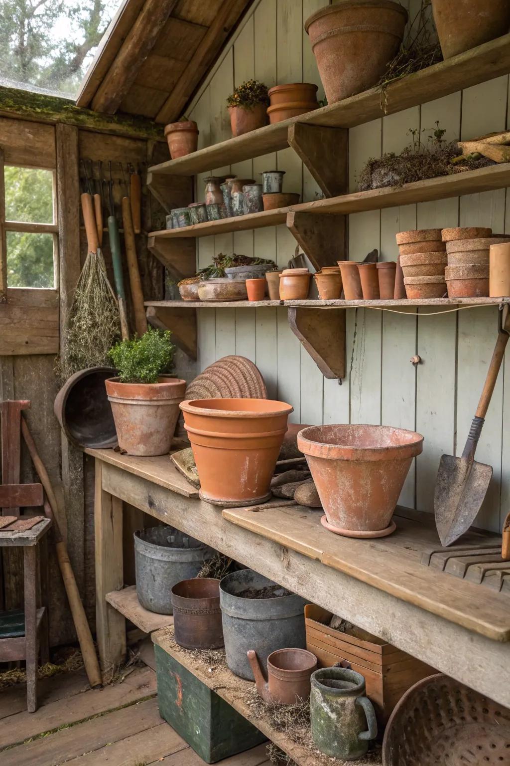 A potting shed filled with vintage charm and distinctive features.