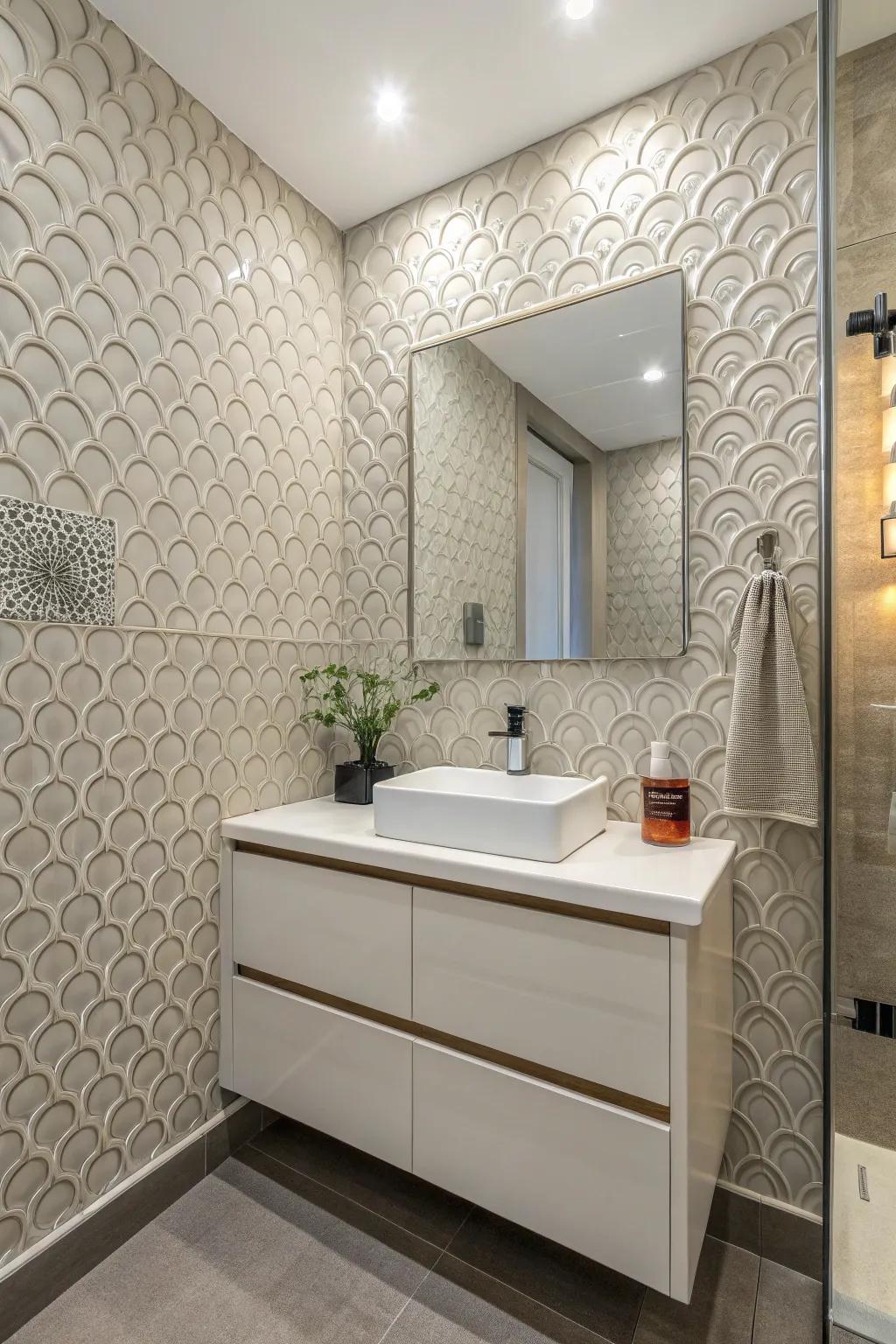 Textured tiles introduce depth and dimension to powder room walls.