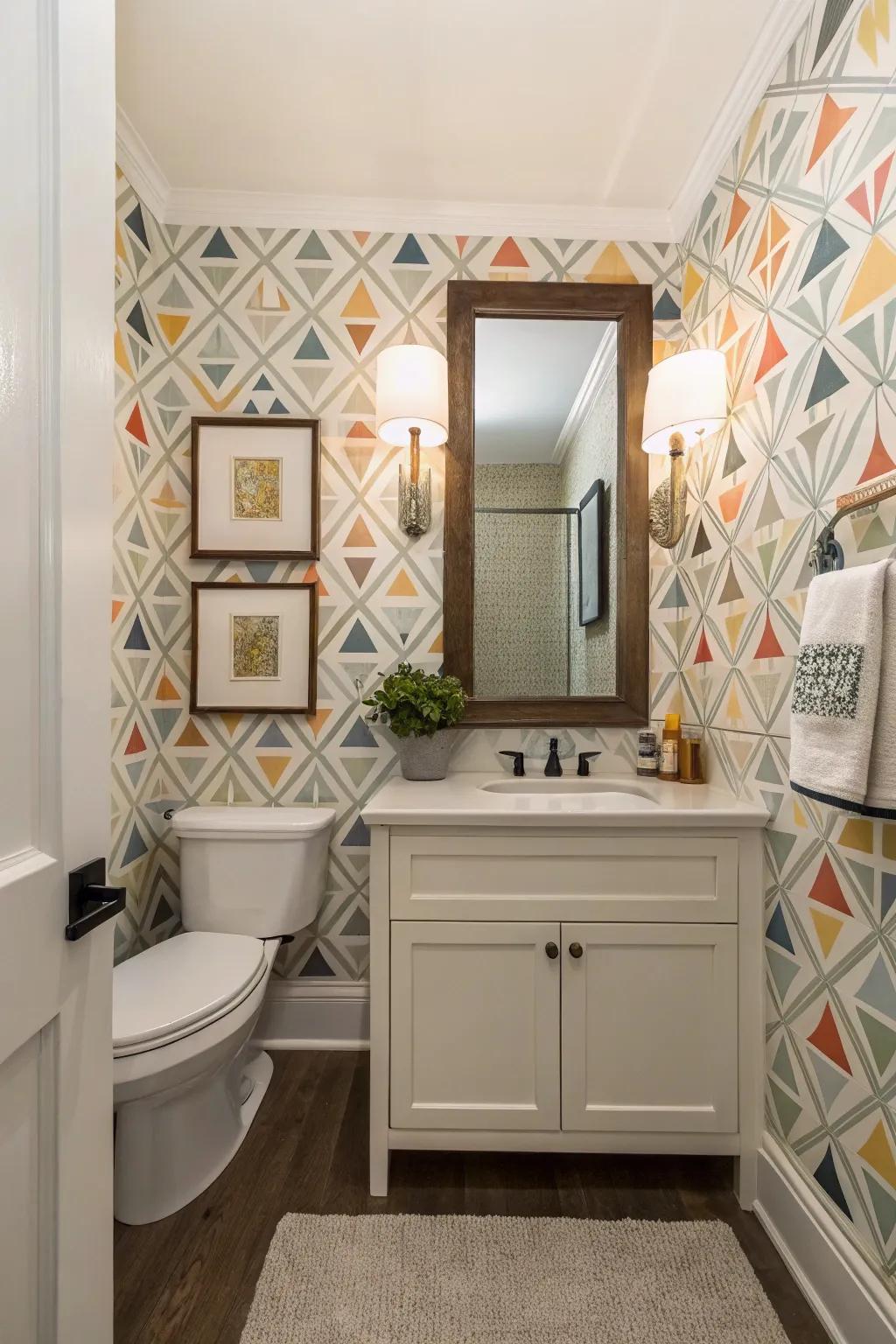 Angular graphic patterns add a playful yet stylish touch to your guest bathroom.