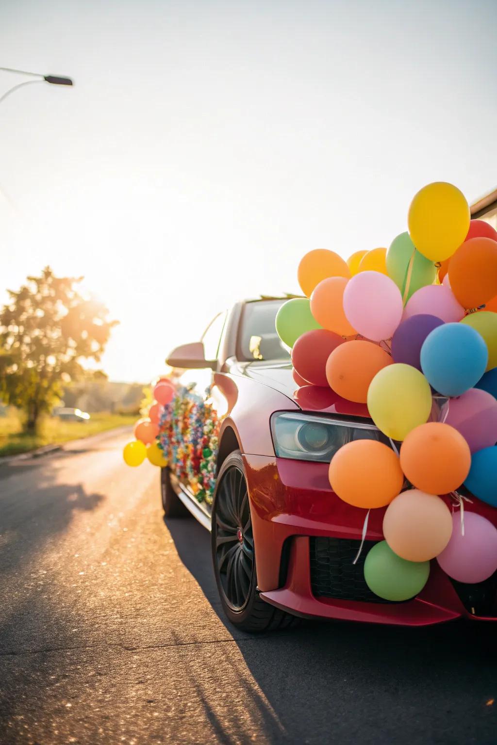 The newlyweds' ride is given a cheerful vibe by a cascade of balloons.