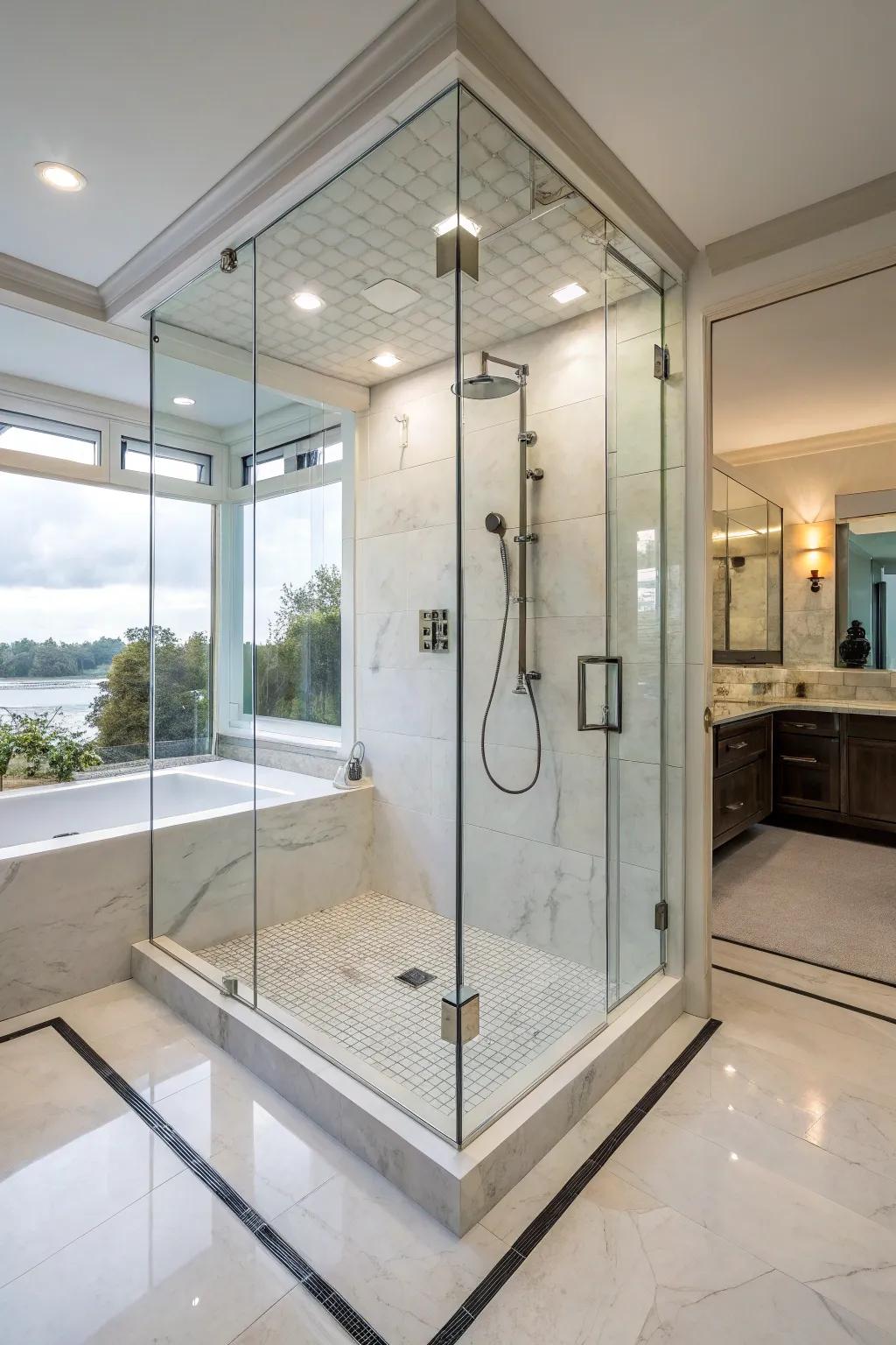 A shower enclosed in glass presents a modern and expansive atmosphere.