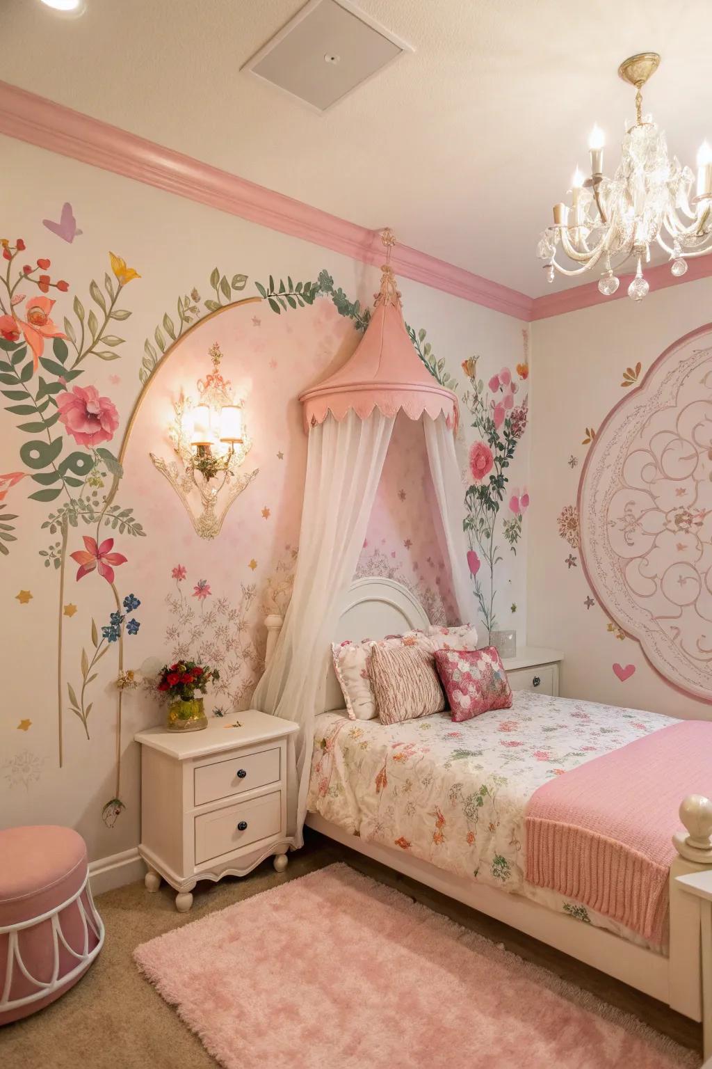 A botanical feature wall elevates the room’s fairytale charm.