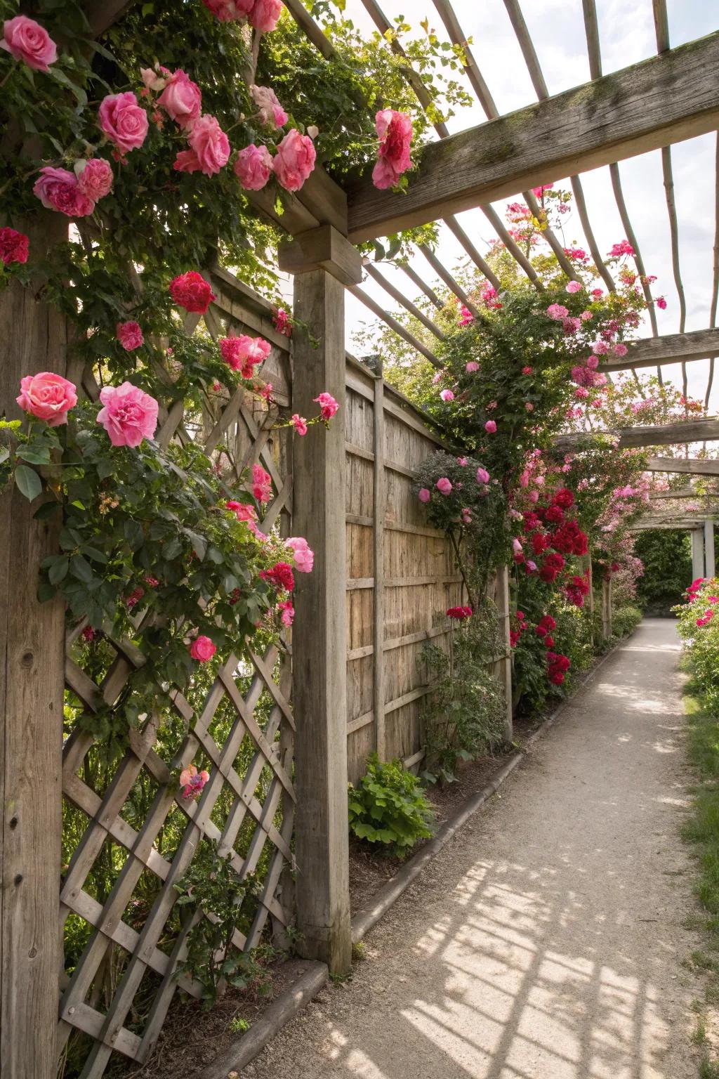 Allow skyward roses to transform your framework into a fragrant barrier of solitude.